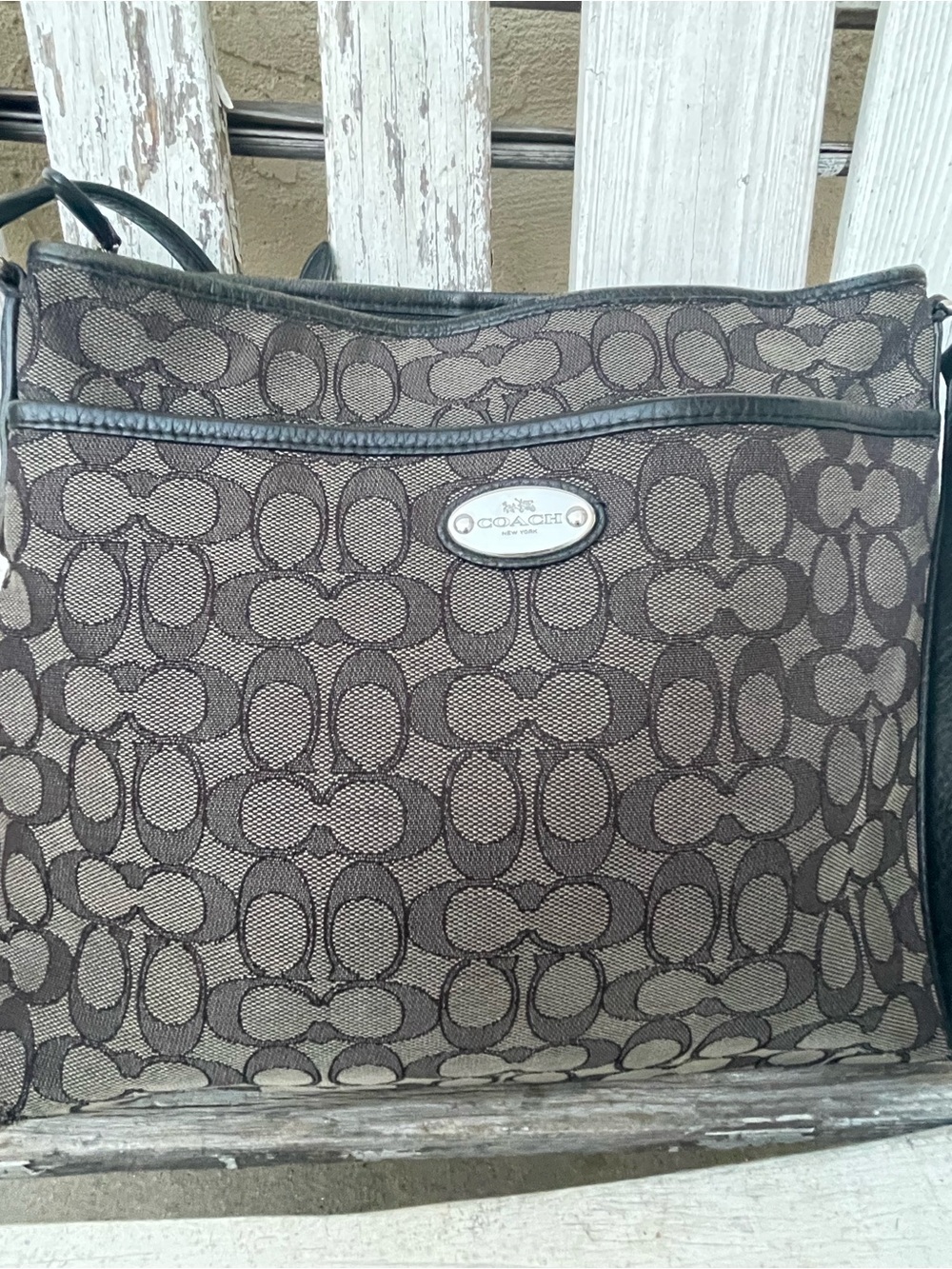 Coach Signature Crossbody File Bag Gray Monogram Canvas Black Leather